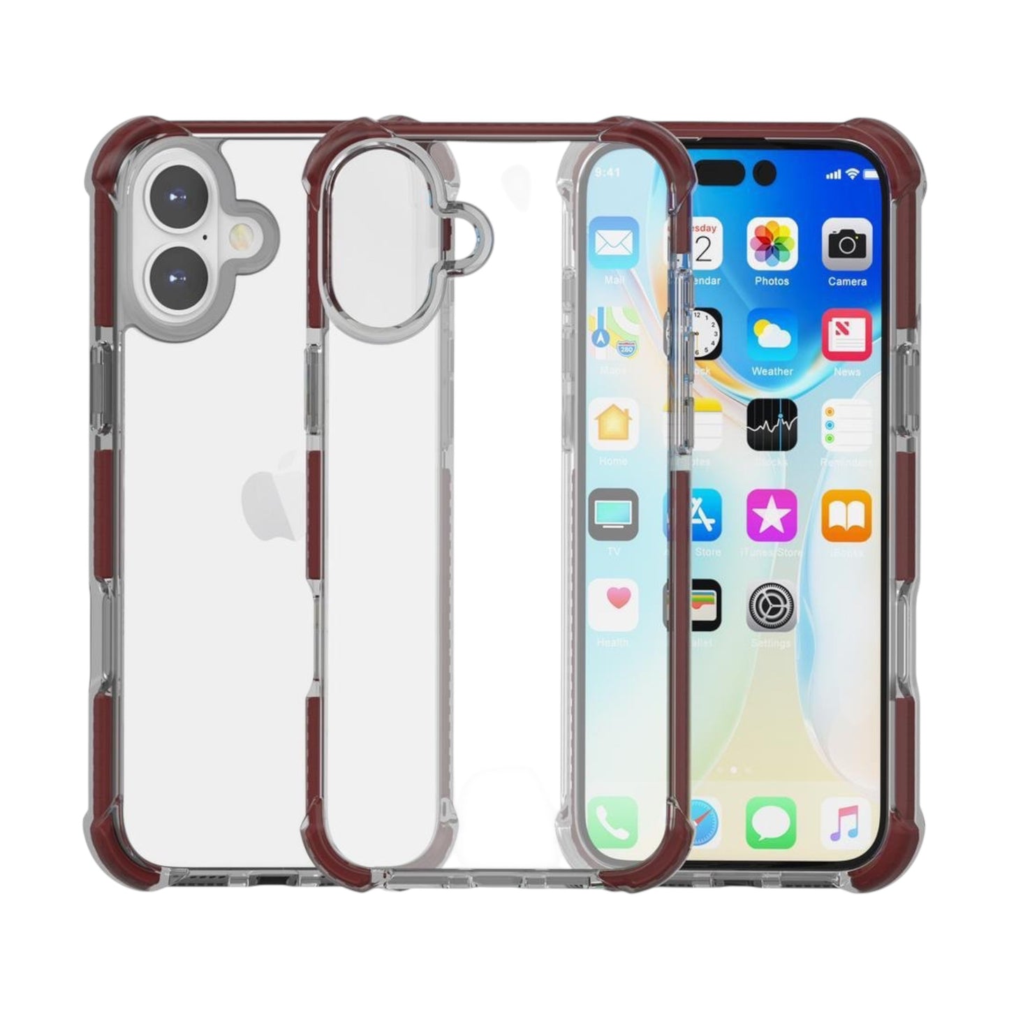 For iPhone 16 - Clear & Dark Red