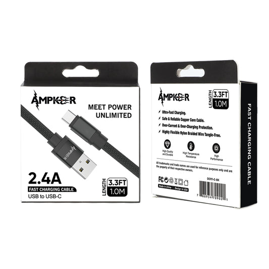 USB To USB-C Braided Cable - 3.3FT / 1M - 2.4A - Black