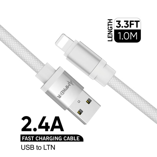 USB To Lightning Braided Cable - 3.3FT / 1M - 2.4A - White