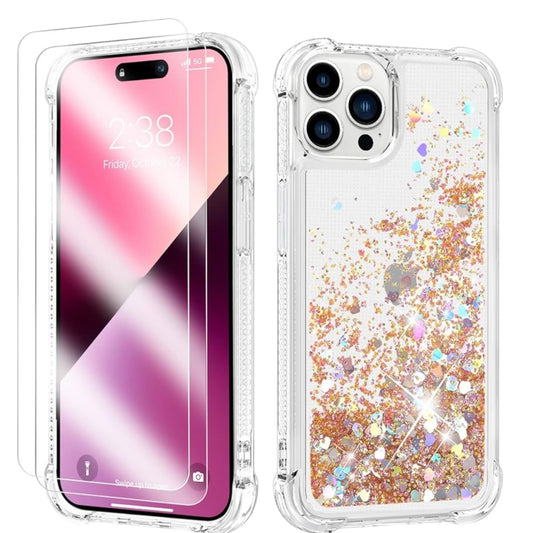 For iPhone 15 PRO Max / Clear Case - Gold & Pink Glitter