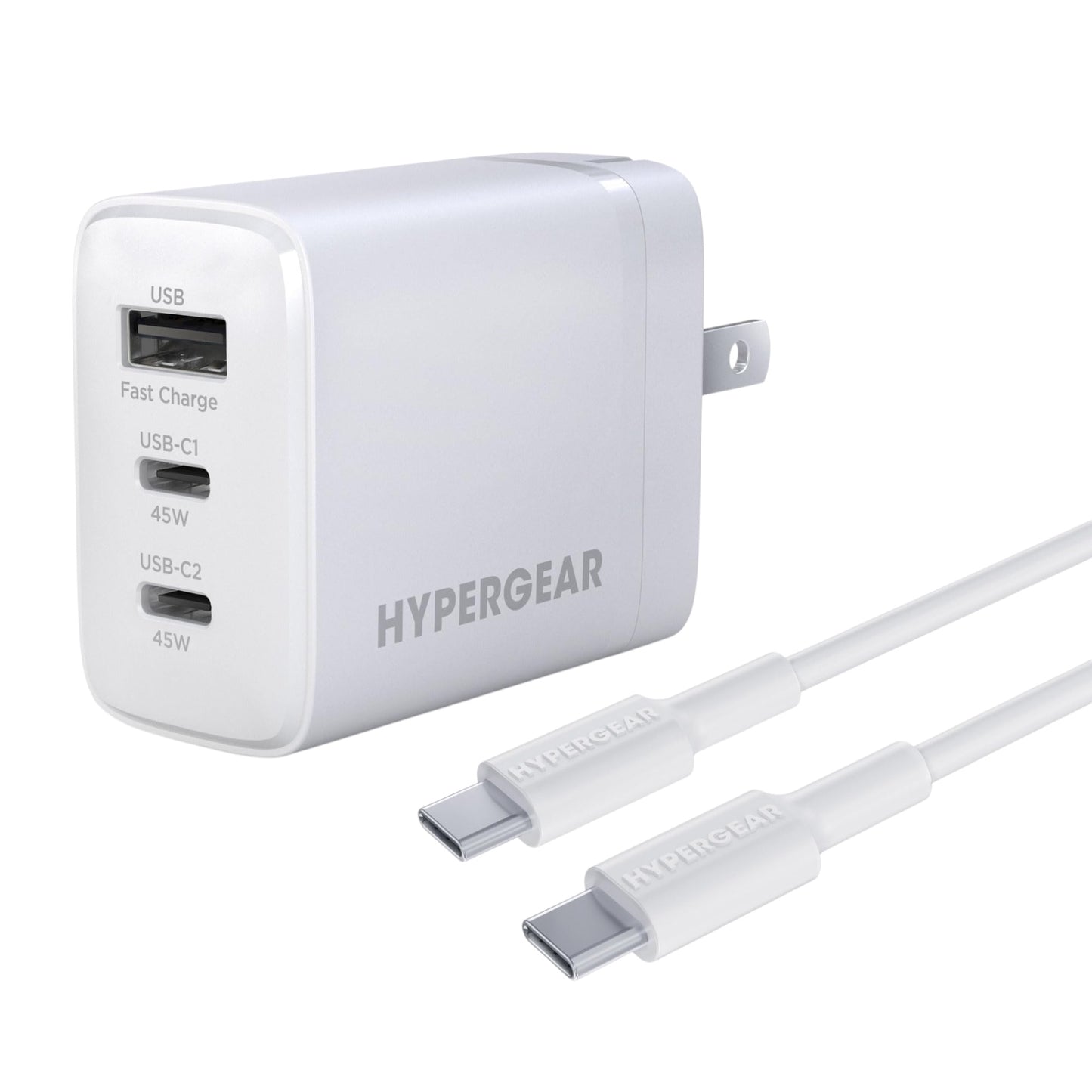 HYPERGEAR 45W Tri-Port GaN / USB-C PD Wall Kit / 6 FT USB-C / USB-C Cable