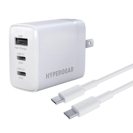 HYPERGEAR 45W Tri-Port GaN / USB-C PD Wall Kit / 6 FT USB-C / USB-C Cable