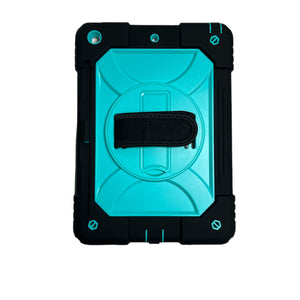 For Apple iPad 9th 8th 7th Gen 10.2 inch Tablet Complete 360 Tough Hybrid Kickstand with Shoulder Hand Strap - Black & turquoise