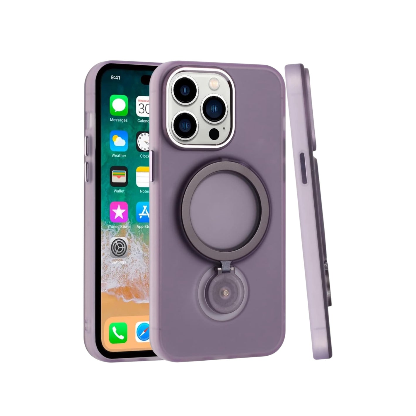 For iPhone 14 Pro max Hoop Kickstand [Magnetic Circle] HD Transparent Chrome Hybrid - Purple