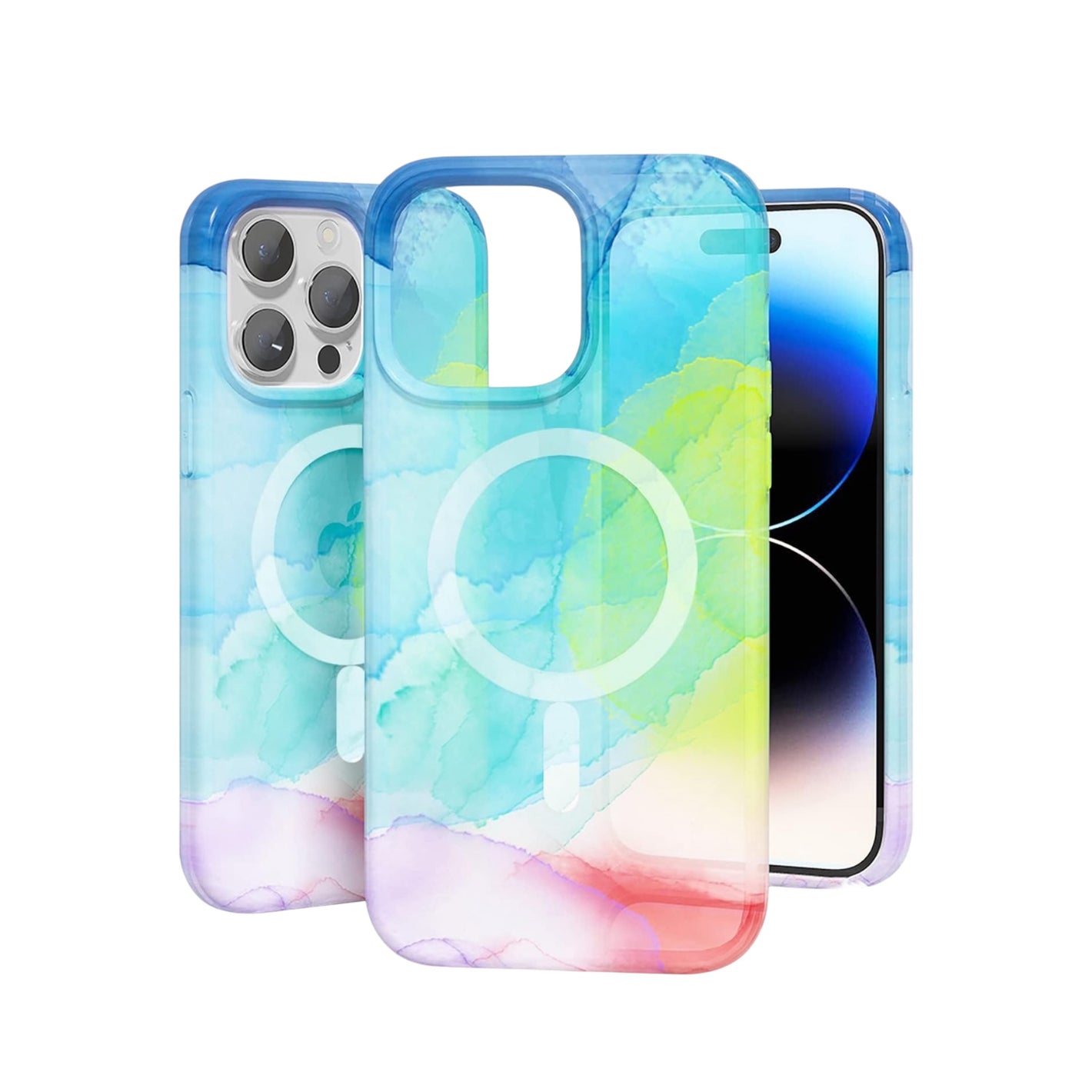 for iPhone 14 PRO Max Watercolor Design [Magnetic Circle] Gradiant Thick Premium Hybrid - Multicolor