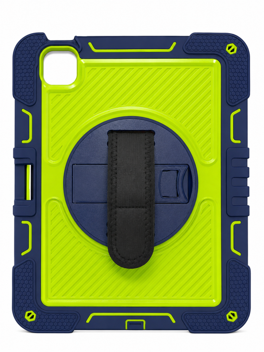Premium Rugged Tablet Case with Rotating Hand Strap & Kickstand for iPad Pro 11" (2024) – Neon Green & Navy Blue