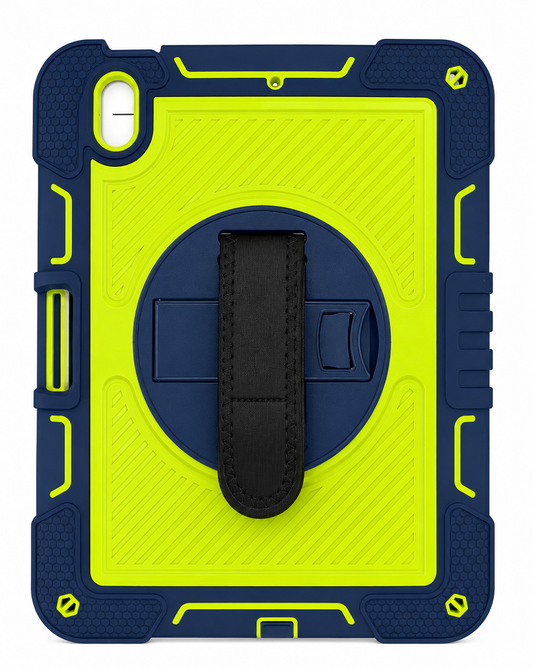 Rugged Shockproof Tablet Case with 360° Rotating Hand Strap for iPad 10 (2022) / iPad 11 (A16, 2025) – Navy Blue & Neon Green