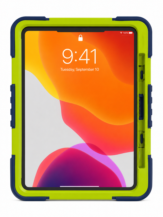 Premium Rugged Tablet Case with Rotating Hand Strap & Kickstand for iPad Pro 11" (2024) – Neon Green & Navy Blue