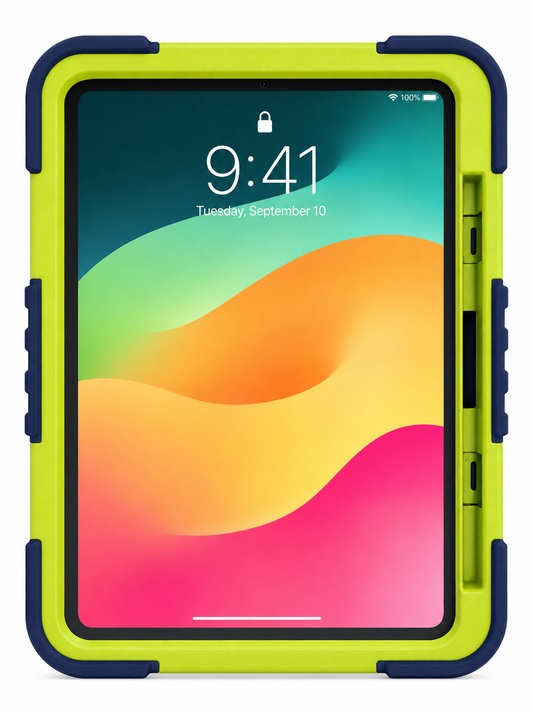 Rugged Shockproof Tablet Case with 360° Rotating Hand Strap for iPad 10 (2022) / iPad 11 (A16, 2025) – Navy Blue & Neon Green