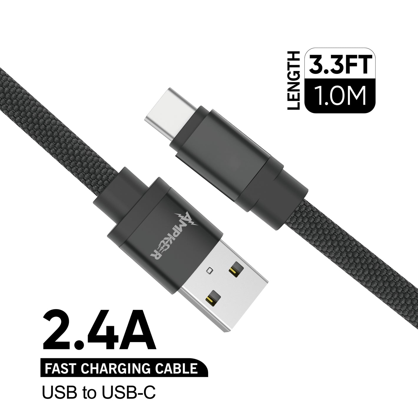 USB To USB-C Braided Cable - 3.3FT / 1M - 2.4A - Black