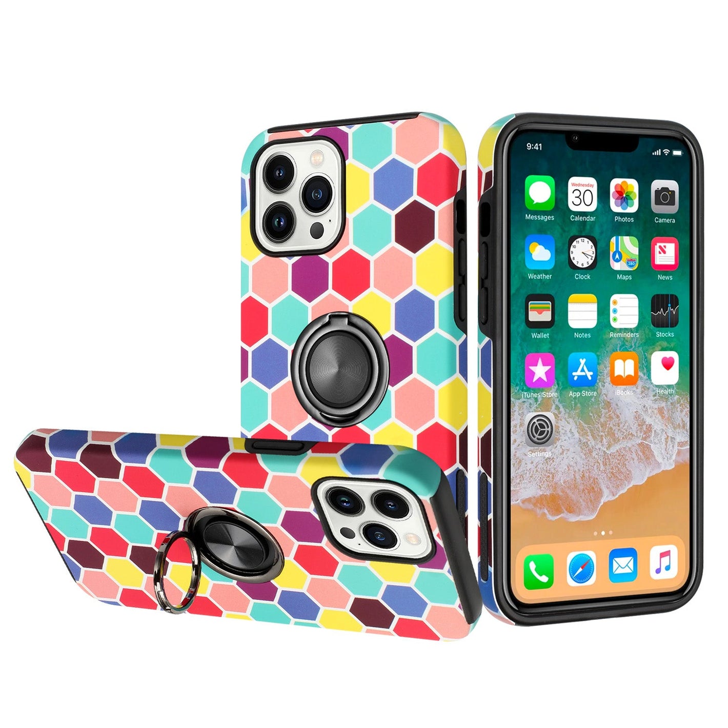 For Apple iPhone 14 PRO MAX 6.7" Sketch Design Hybrid Magnetic Ring Sand Case Cover - B